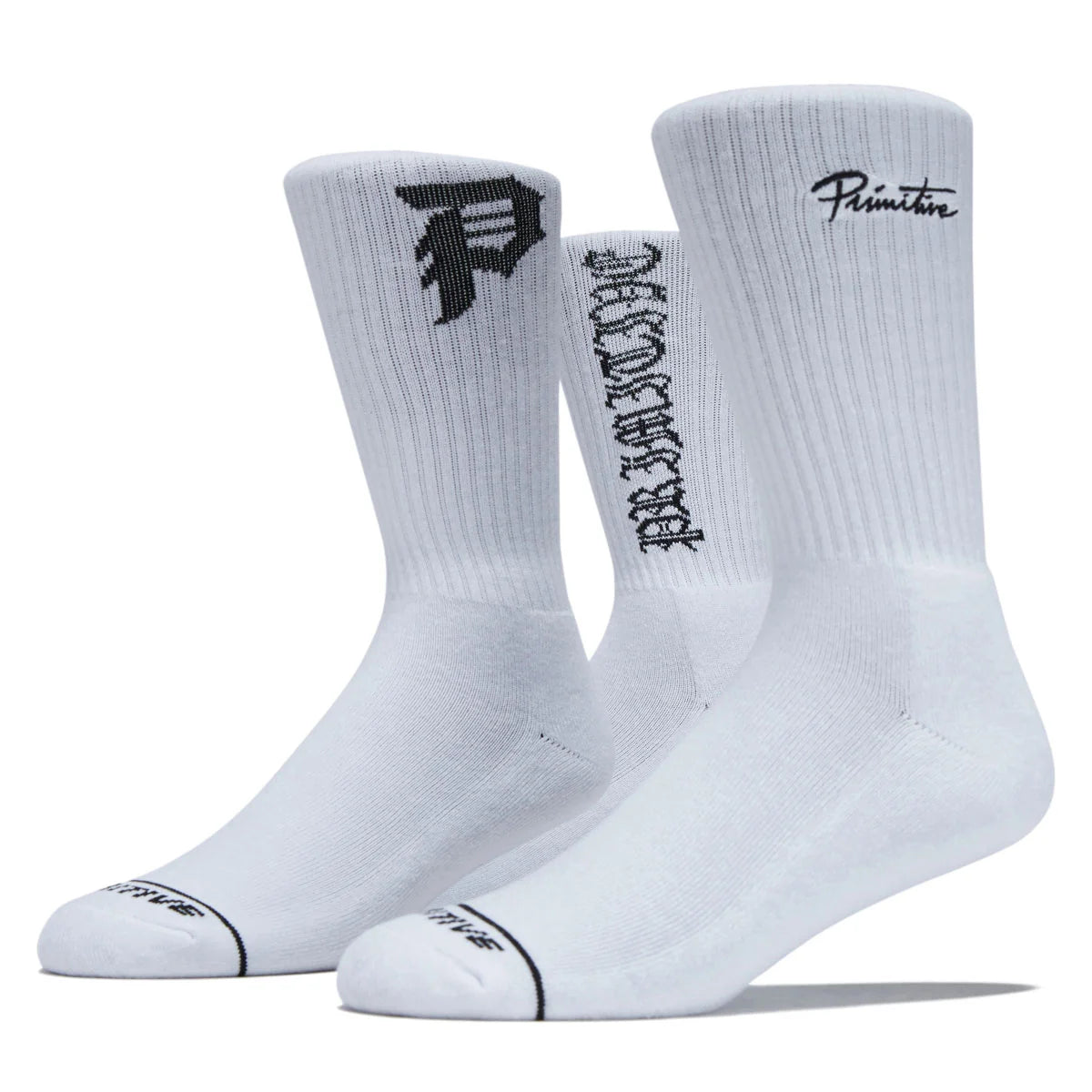 A pair of white crew socks with black branding details, including the Primmé logo on the side and toe, displayed against a clean white background.