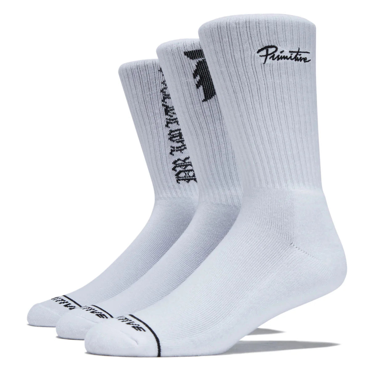 Three white crew socks arranged in a fan shape on a white background, featuring black gothic-style text and the 'Pimagine' brand logo on the upper cuff.
