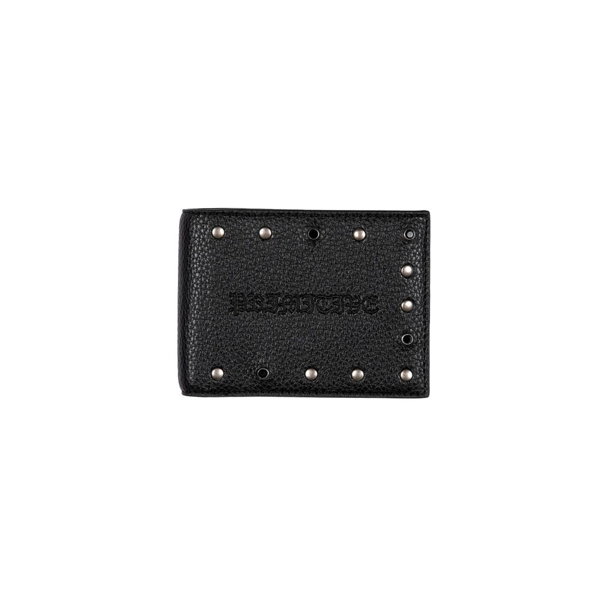 A black textured leather card holder or wallet with silver-tone studs and the embossed brand name 'BALENCIAGA' on the front, shown against a plain white background.