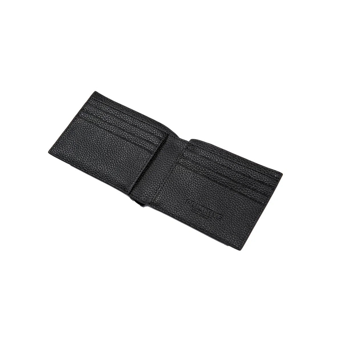 A black textured leather bifold wallet shown open on a plain white background.