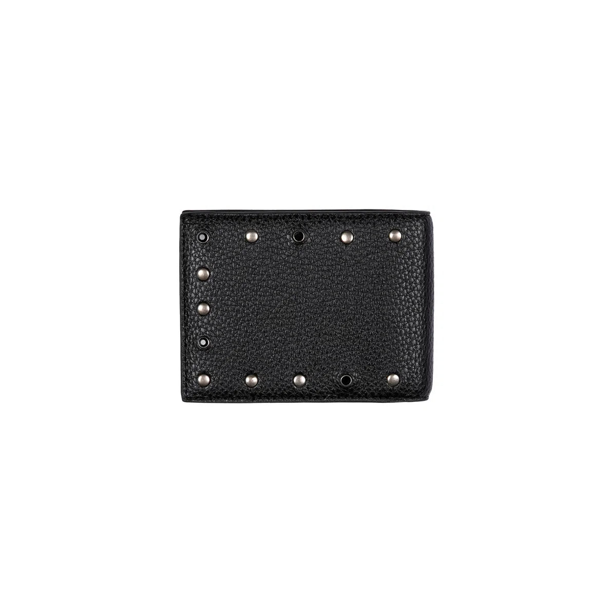 A black pebbled leather bifold wallet with silver-tone metal studs, shown flat against a solid white background.