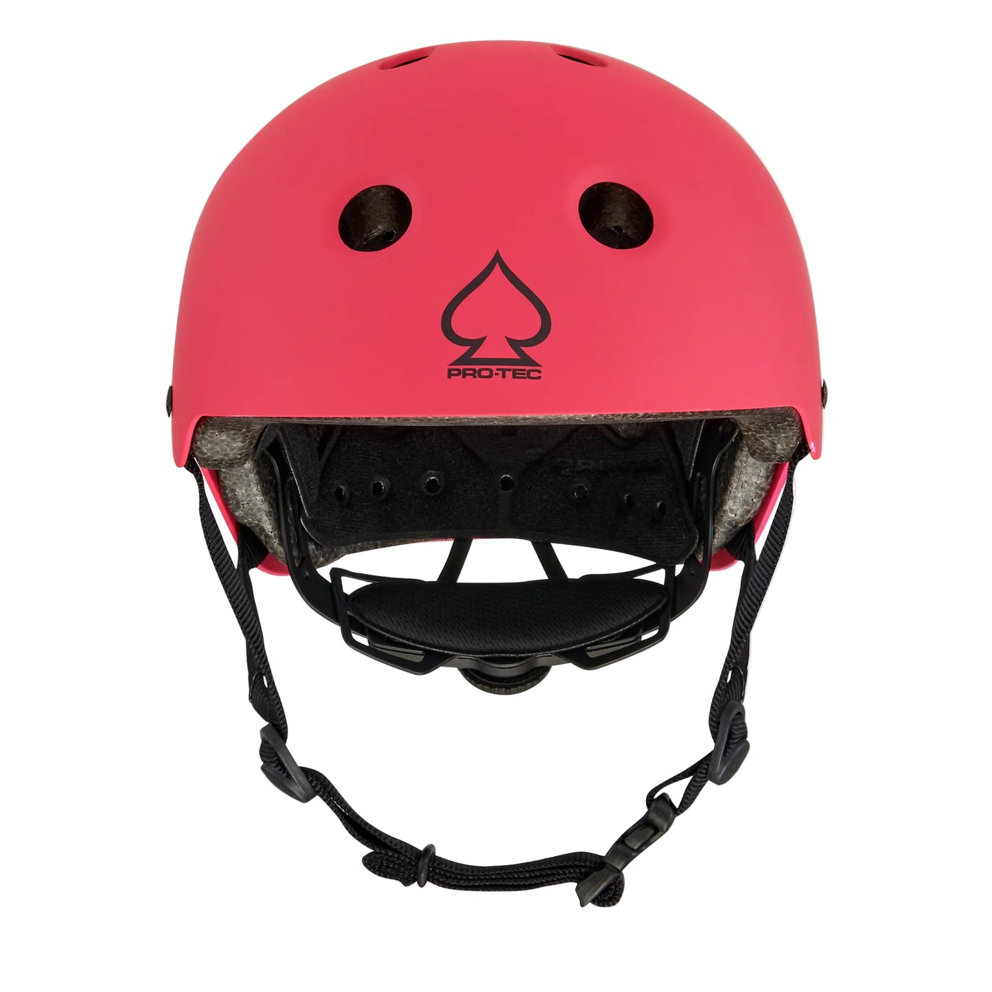 Pink helmet with black strap on a white background