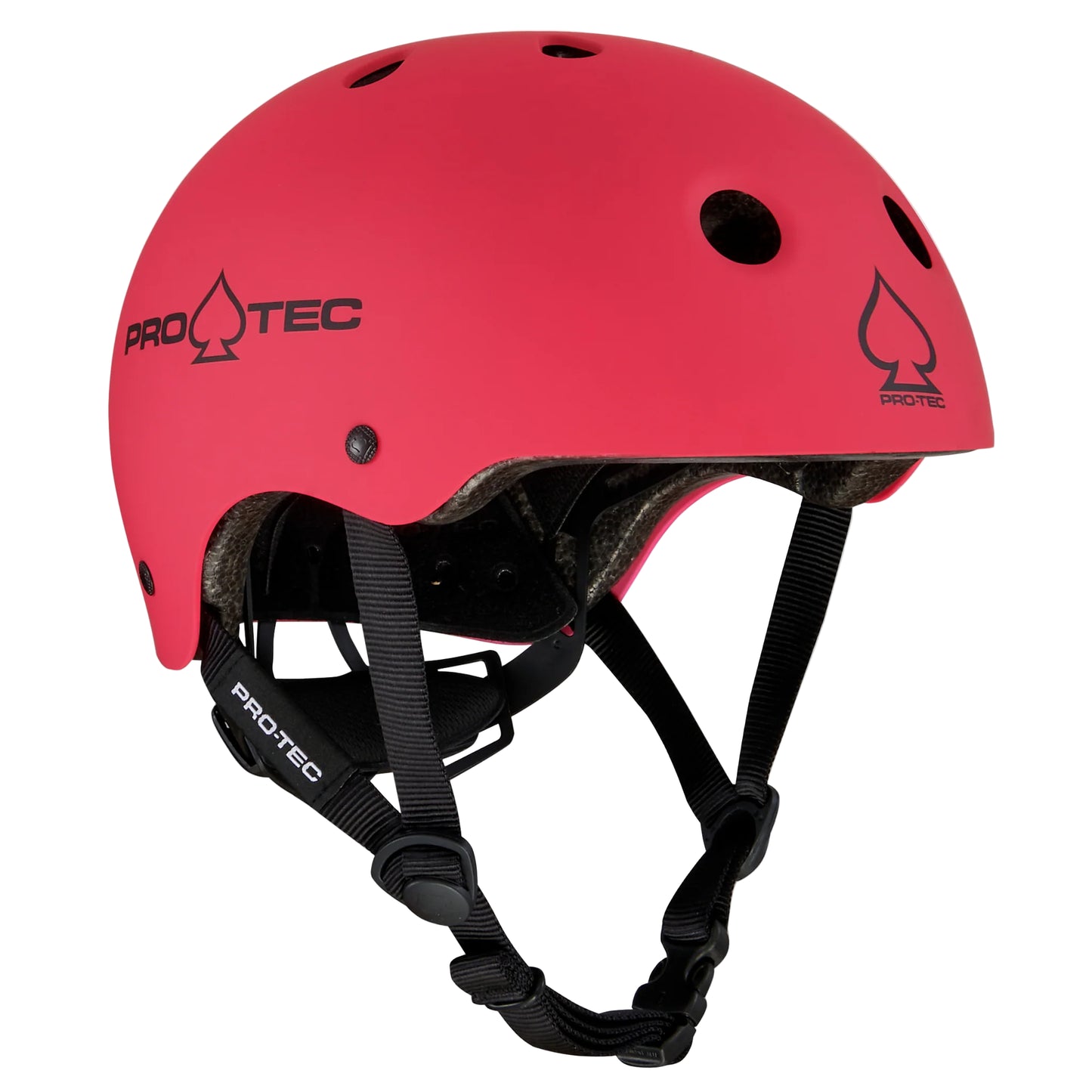 Pink helmet with black straps on a white background