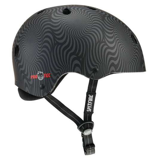 Black and gray patterned helmet with visible branding on a white background