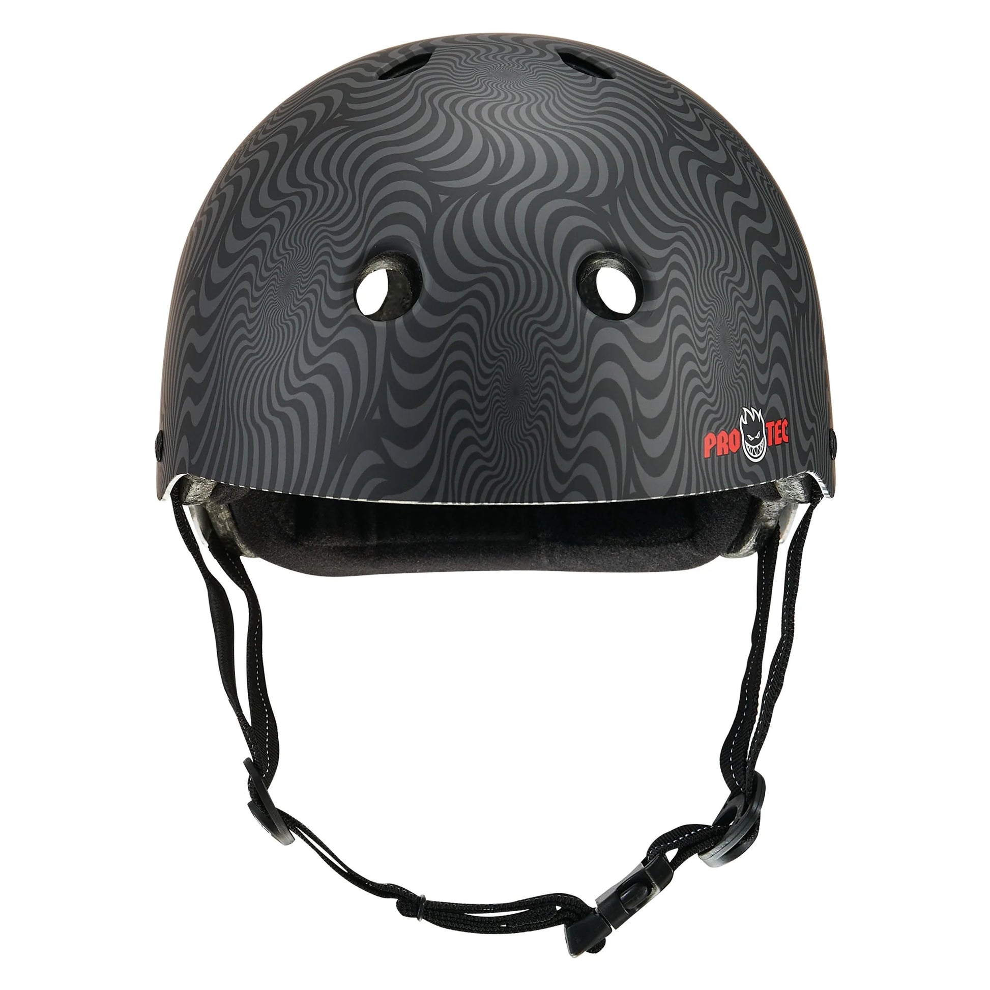 Black and gray patterned helmet with 'Pro-Tec' branding on a white background