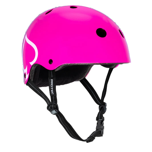 Pink helmet with black straps on a white background