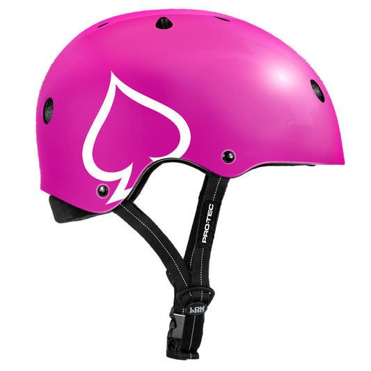 Pink helmet with a white logo on a white background