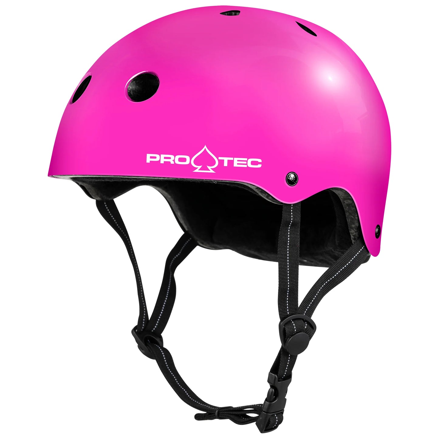 Pink helmet with black straps on a white background, featuring the Pro-Tec brand.