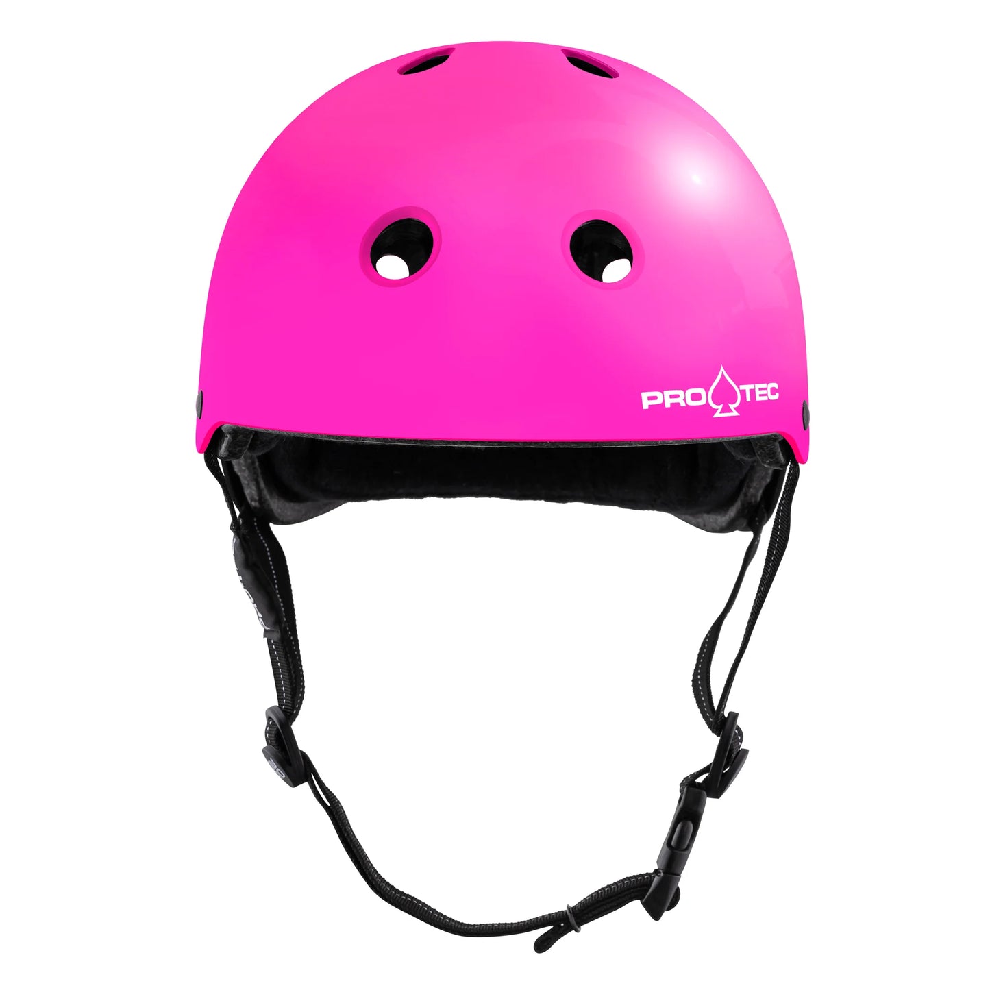 Pink helmet with black straps on a white background