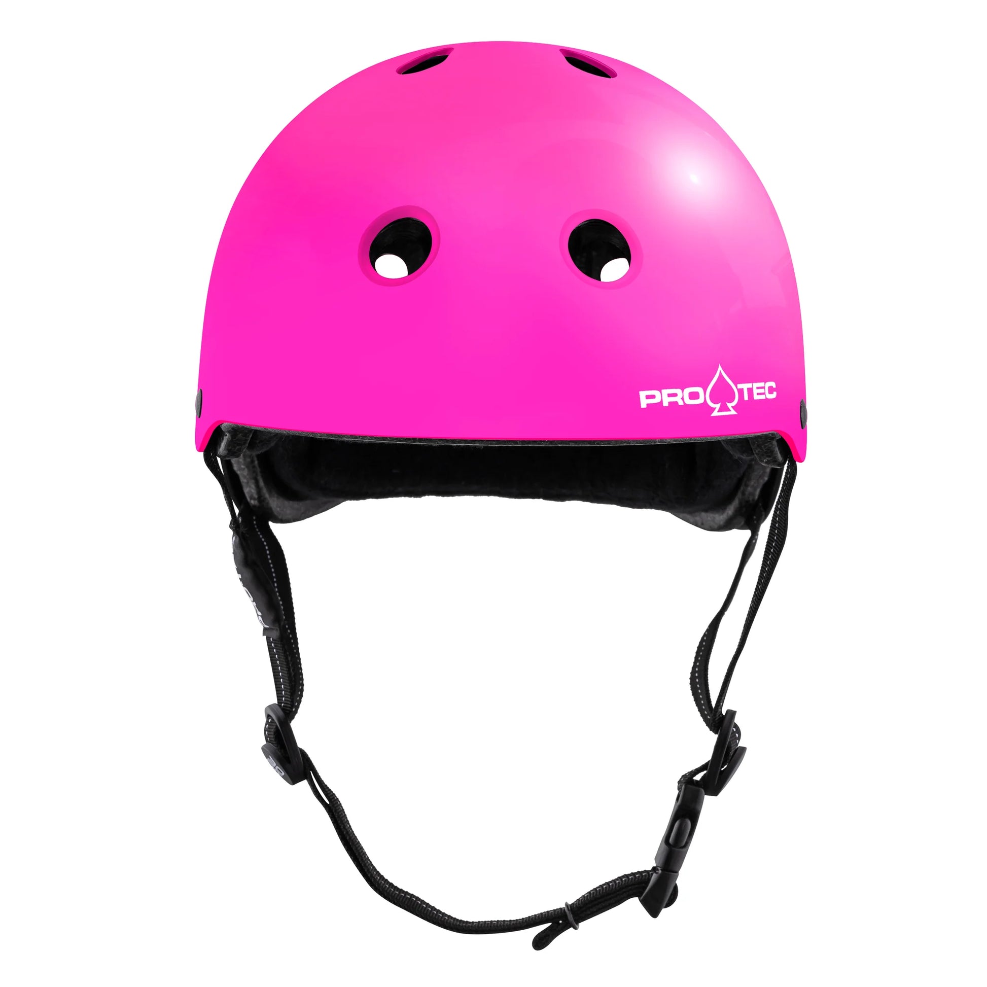 Pink helmet with black straps on a white background