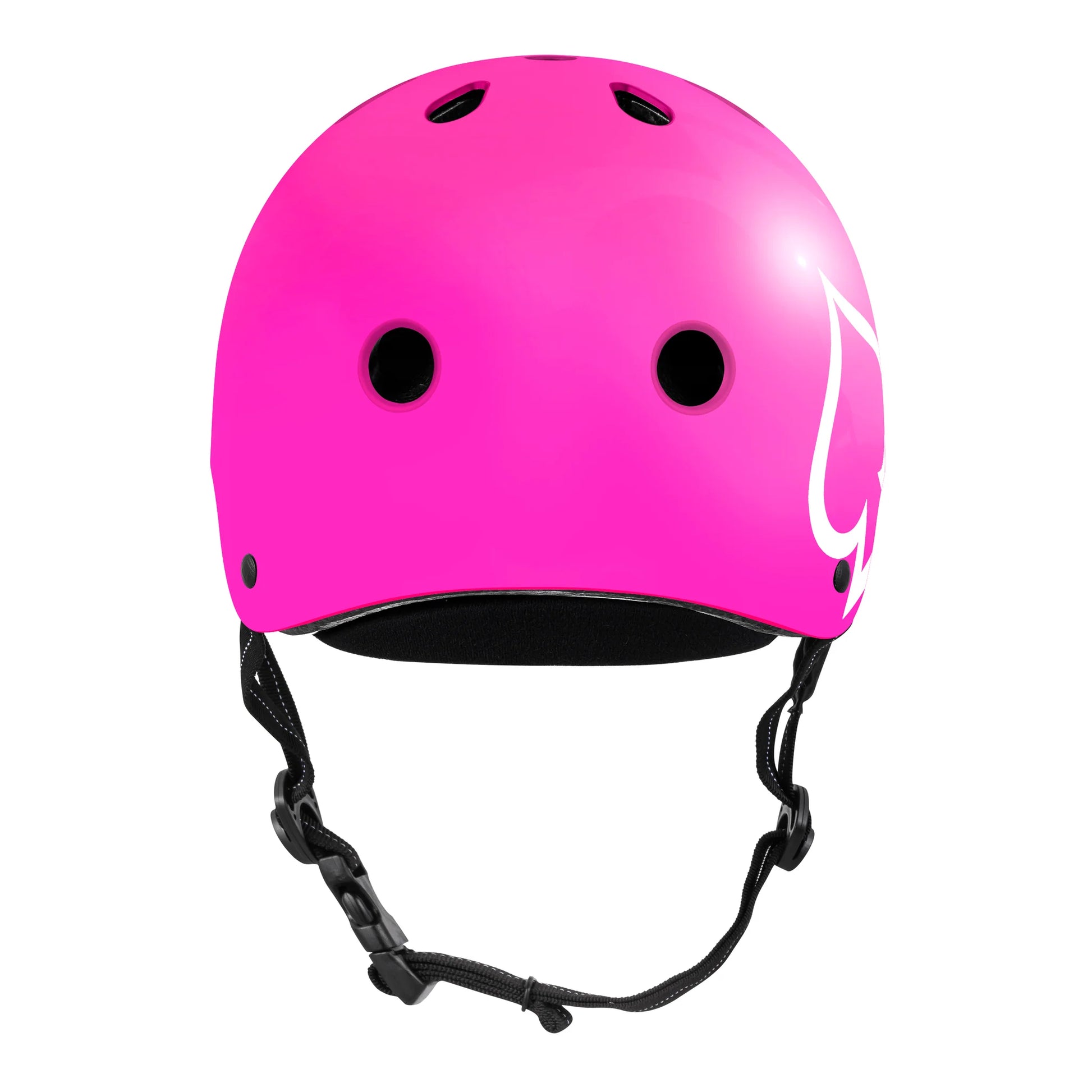 Pink helmet with black straps on a white background