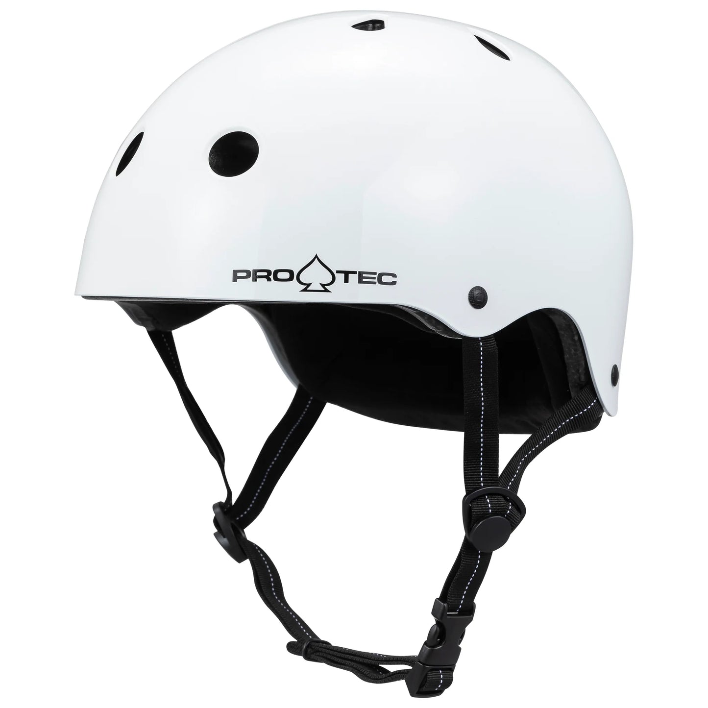 White helmet with black straps on a white background, featuring the Pro-Tec brand.