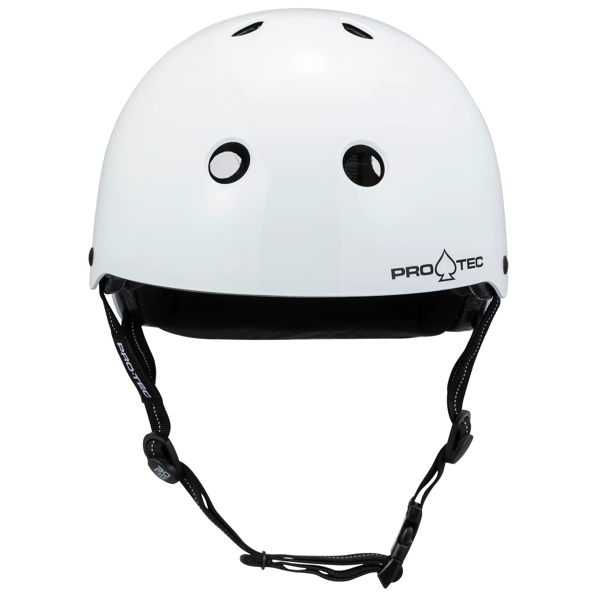 White helmet with black straps on a white background, featuring the Pro-Tec brand.