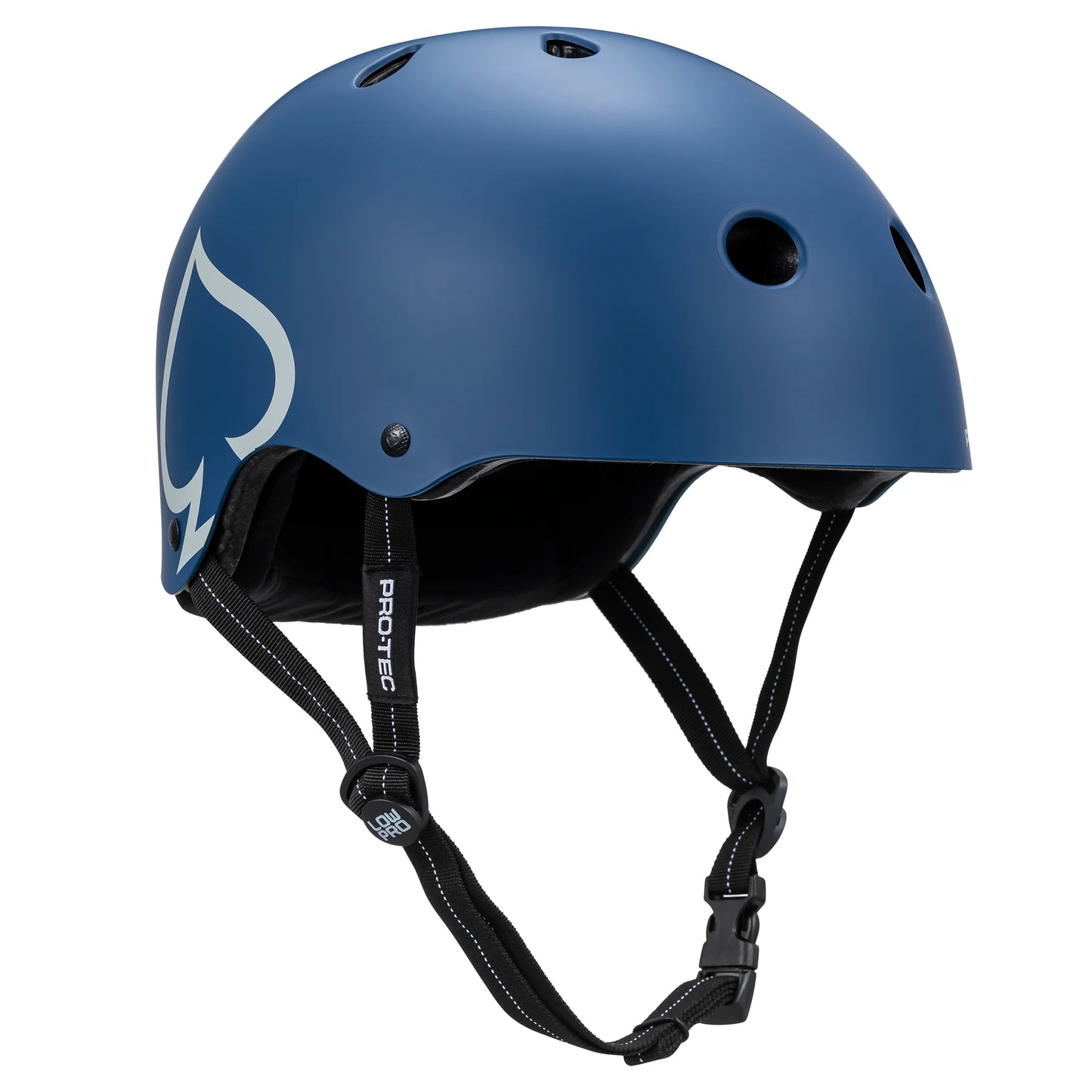 Blue helmet with black straps on a white background