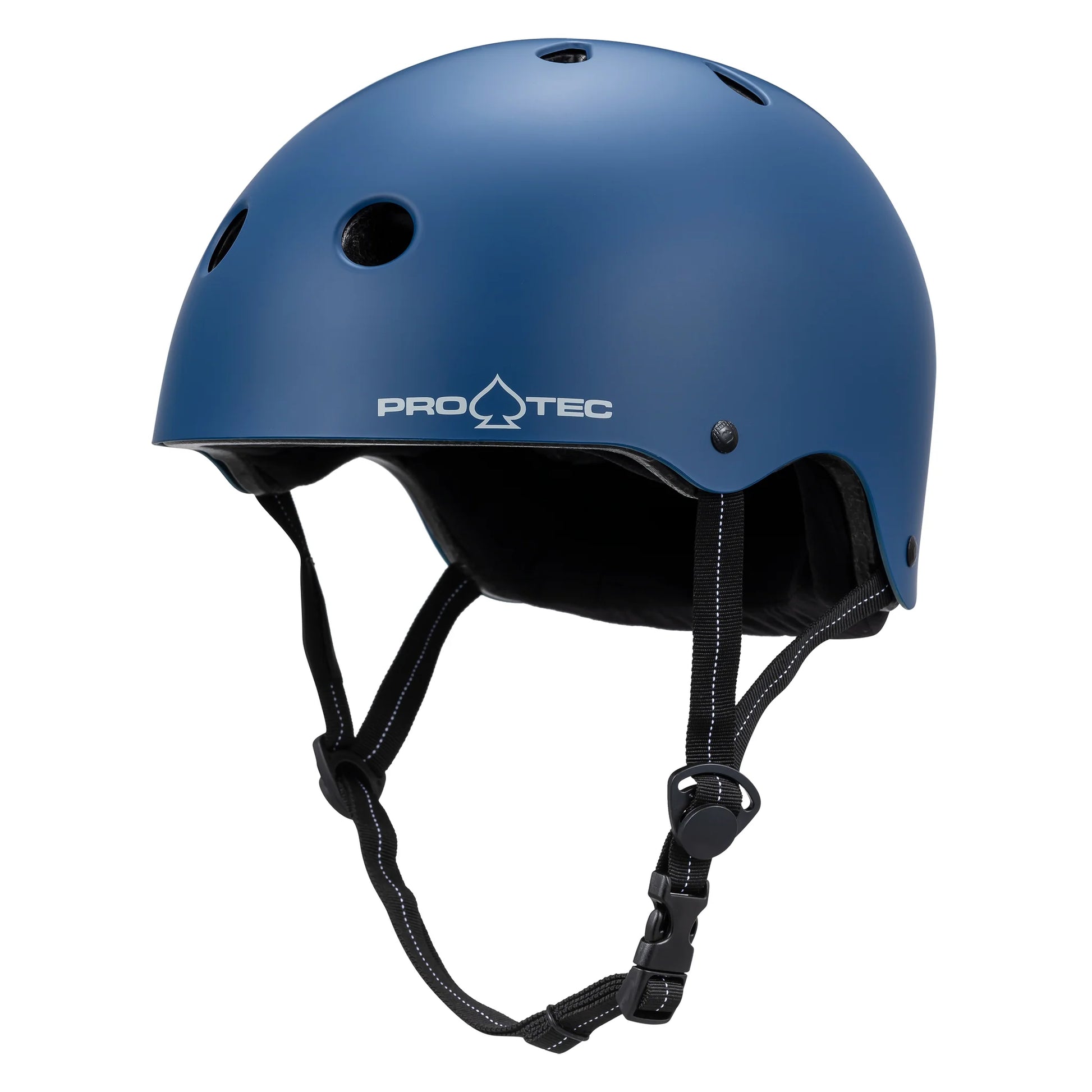 Blue helmet with black straps on a white background, featuring the Pro-Tec brand.