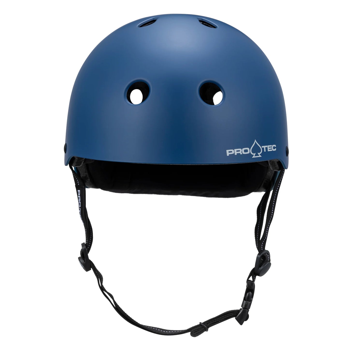 Blue helmet with black straps on a white background