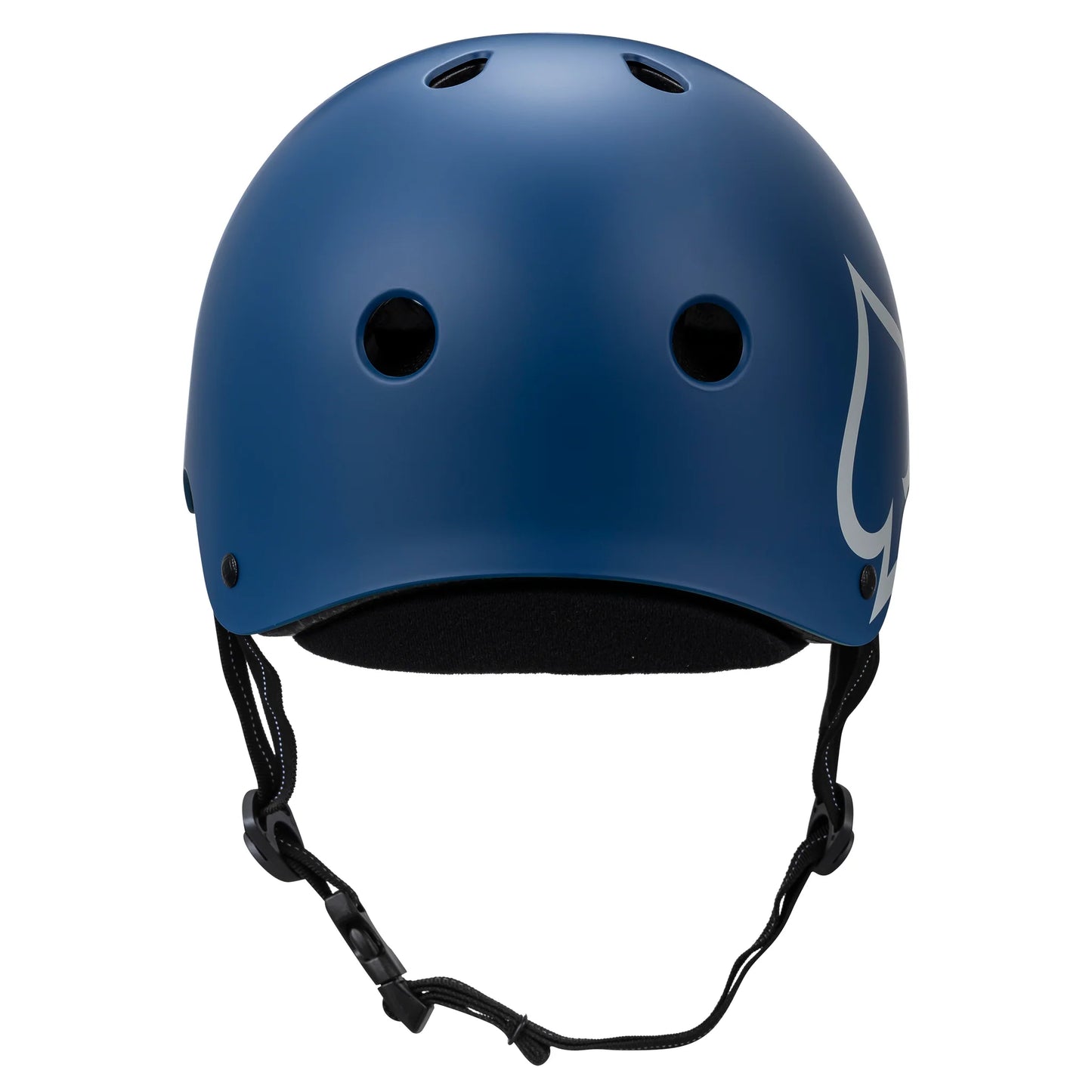Blue helmet with a brand logo on a white background
