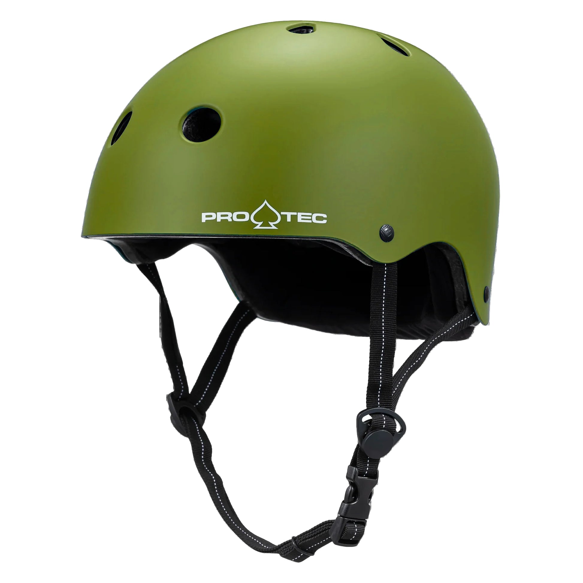 Green helmet with black straps on a white background, featuring the Pro-Tec brand.