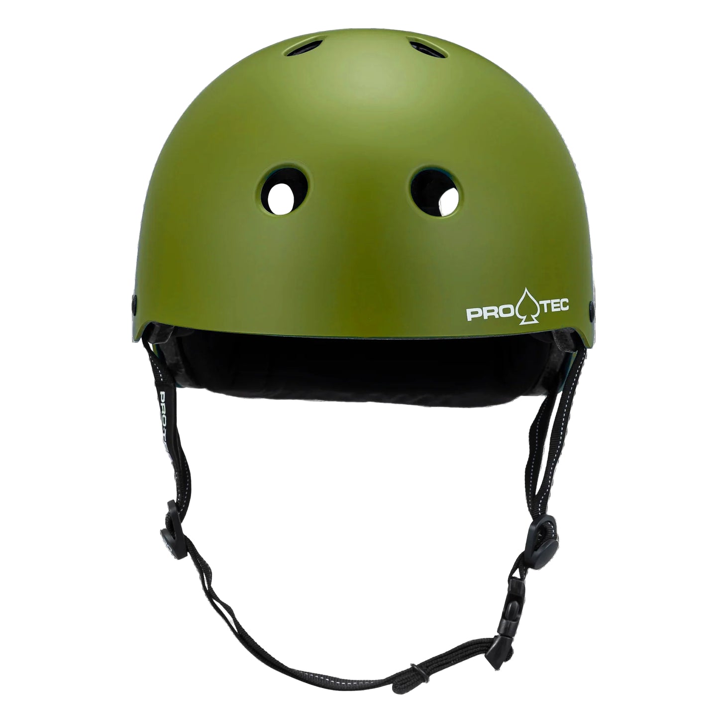Green helmet with black chin strap on a white background