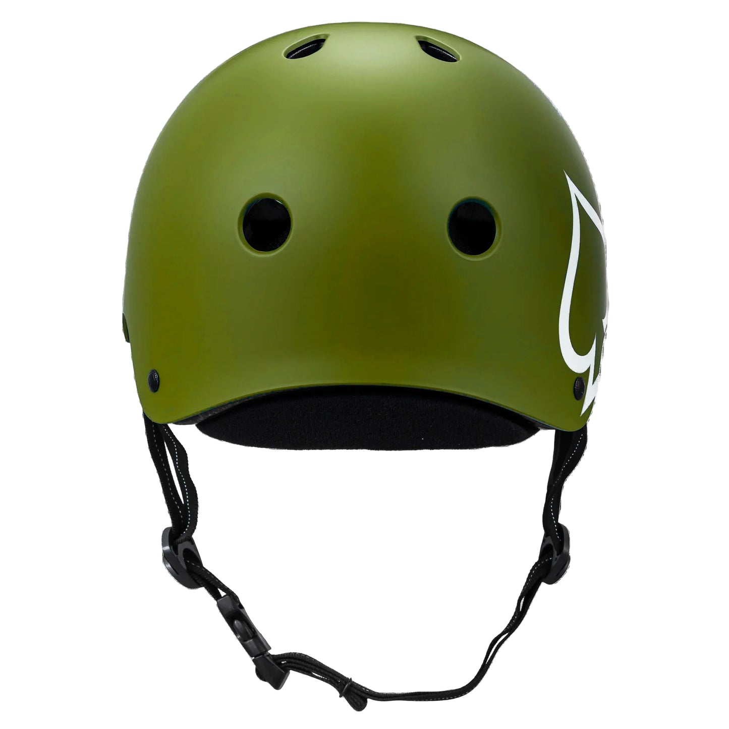 Green helmet with black straps on a white background