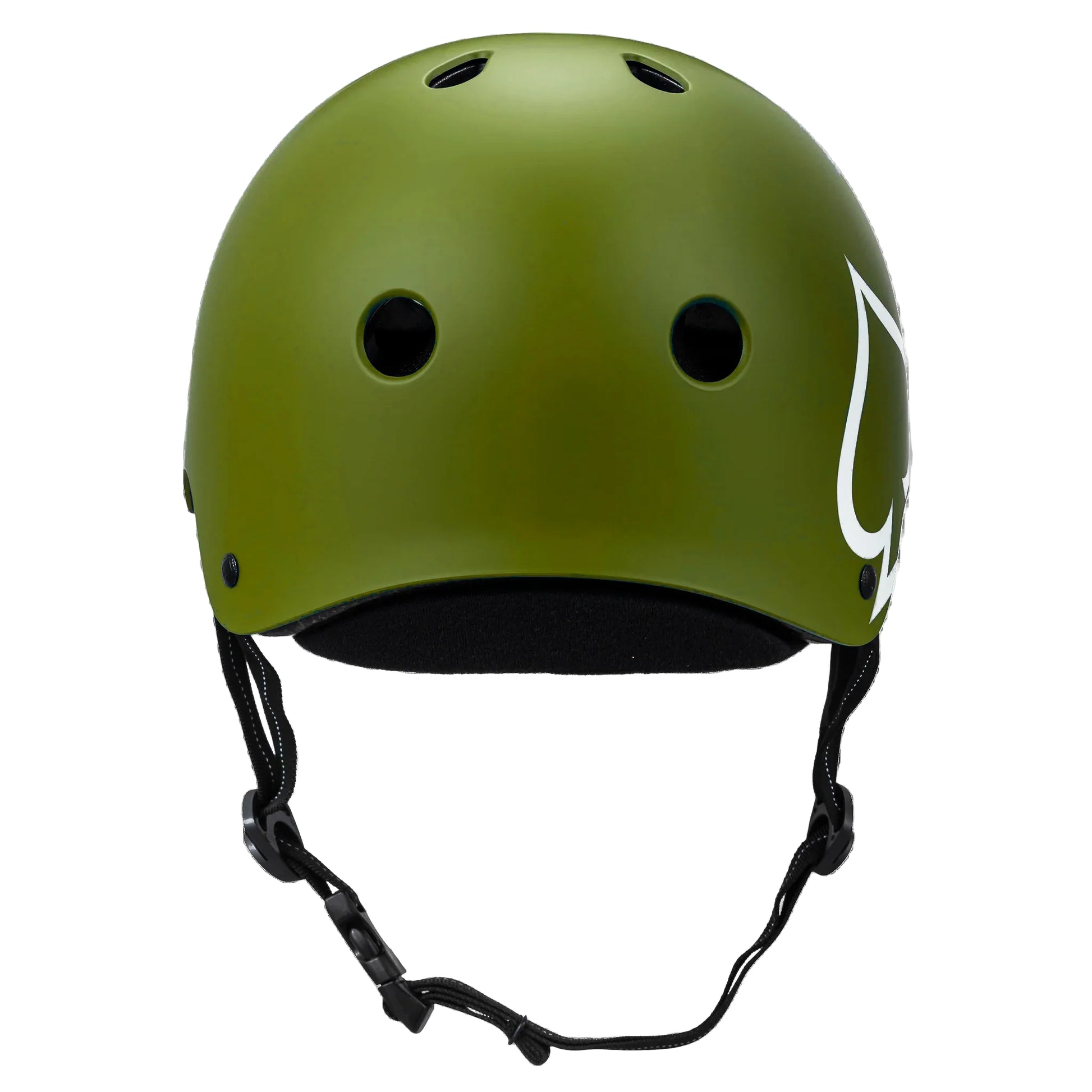 Green helmet with black straps on a white background