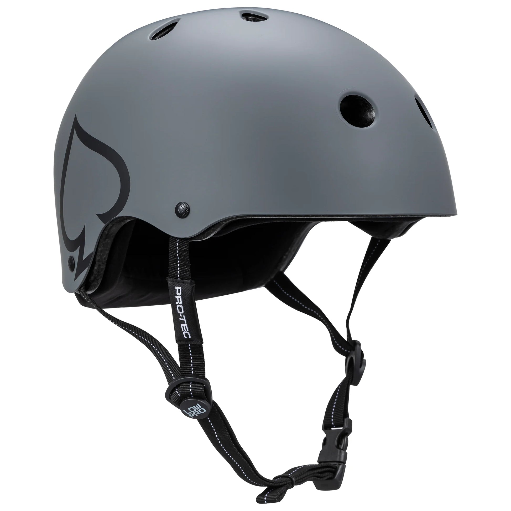 Gray helmet with black straps on a white background