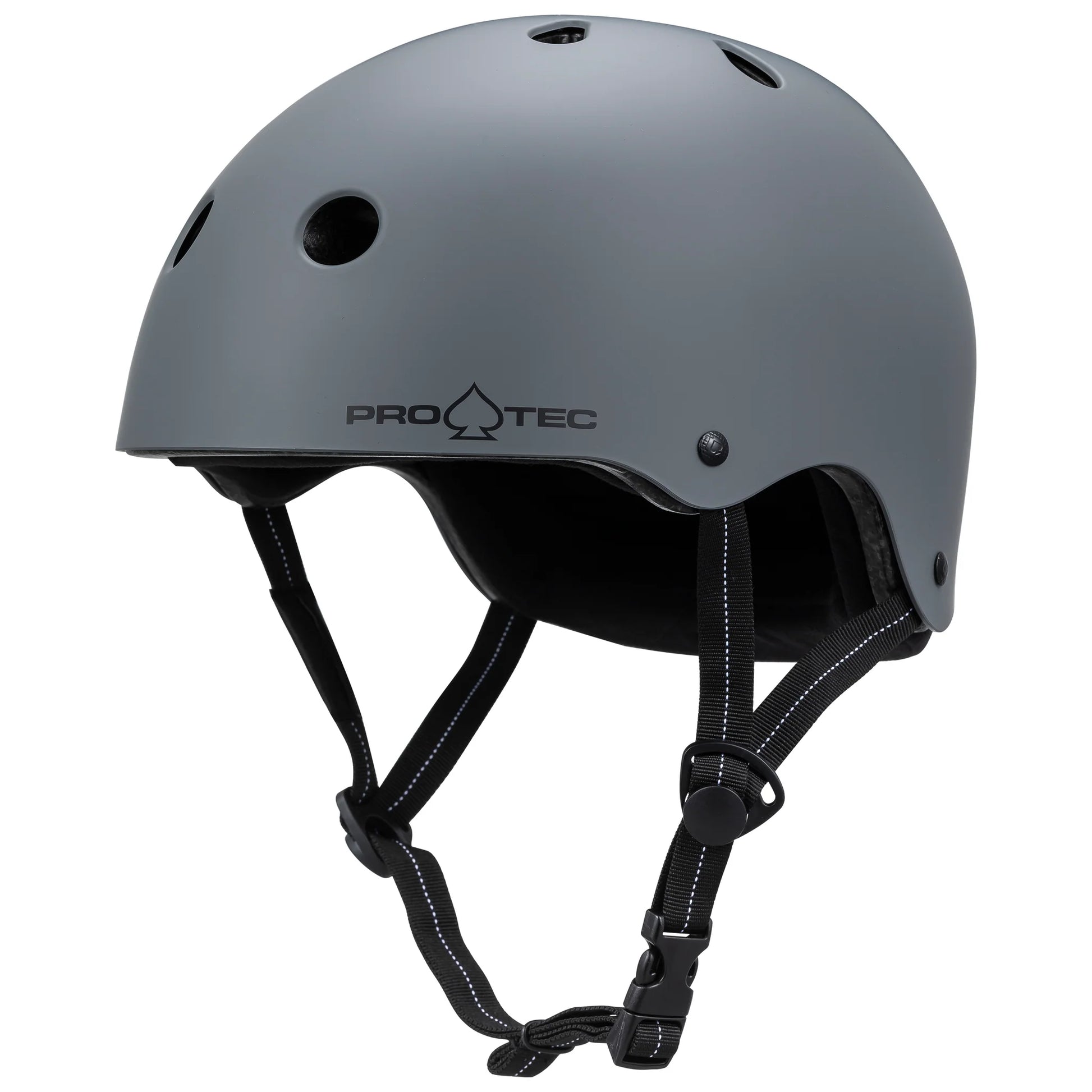 Gray helmet with black straps on a white background, featuring the Pro-Tec brand.