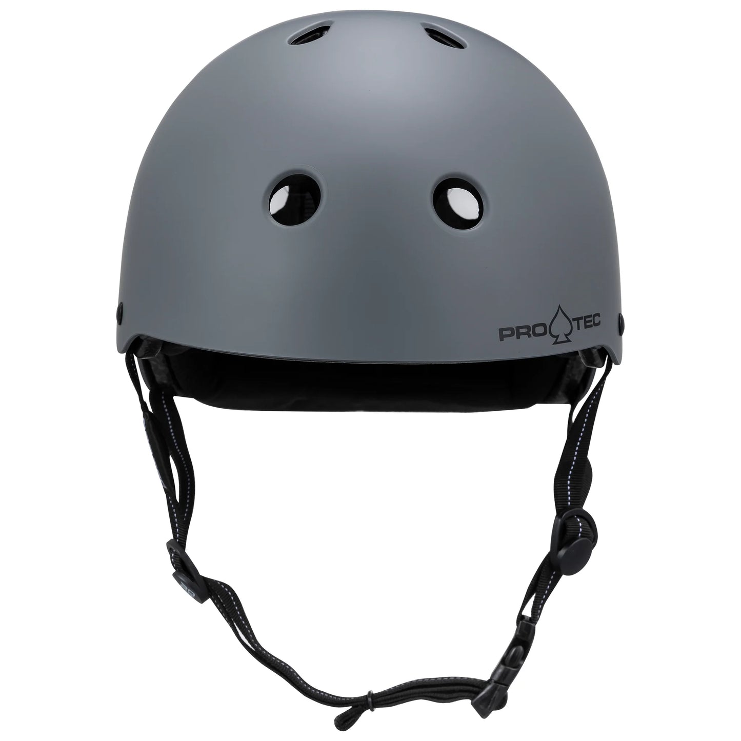 Gray helmet with black straps on a white background