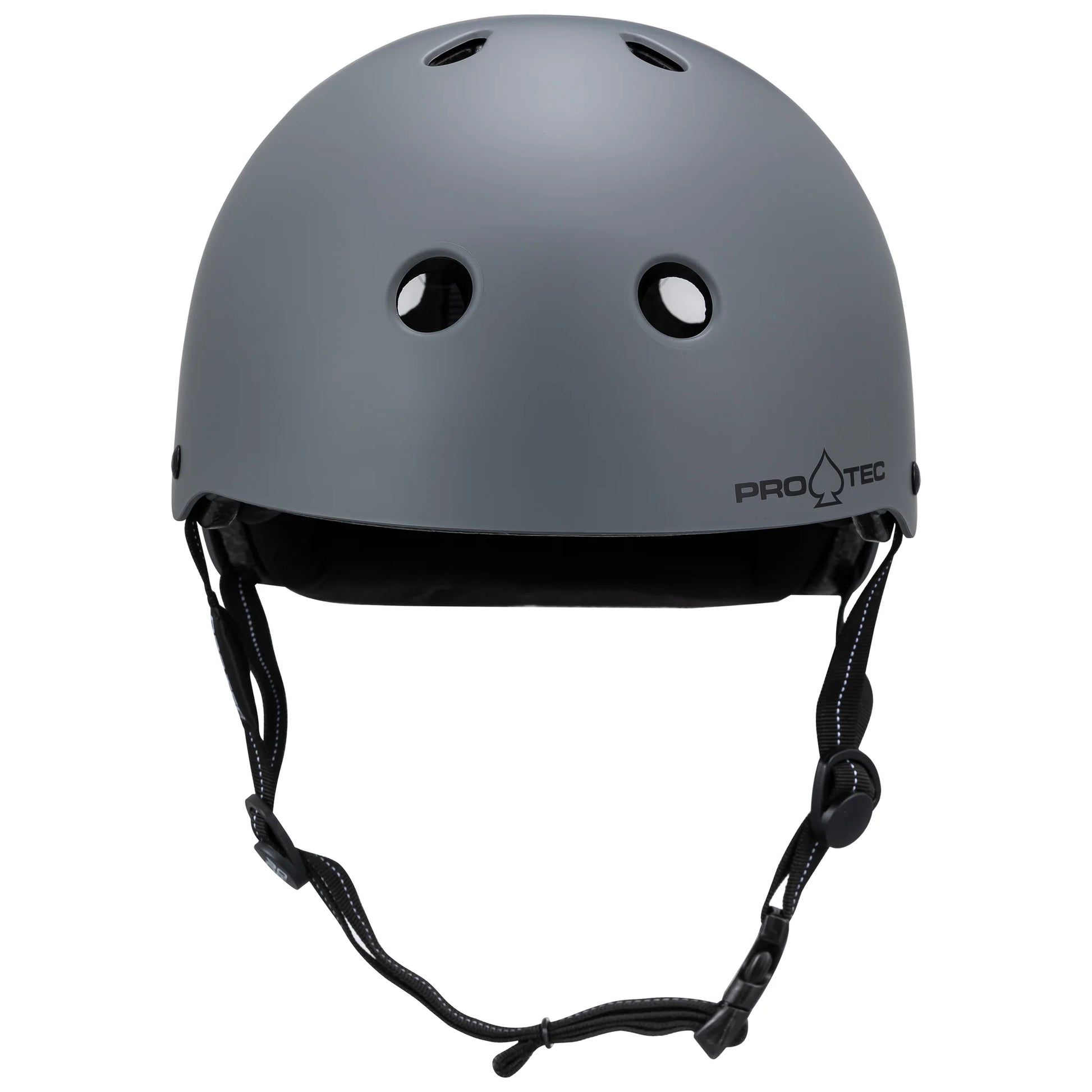 Gray helmet with black straps on a white background