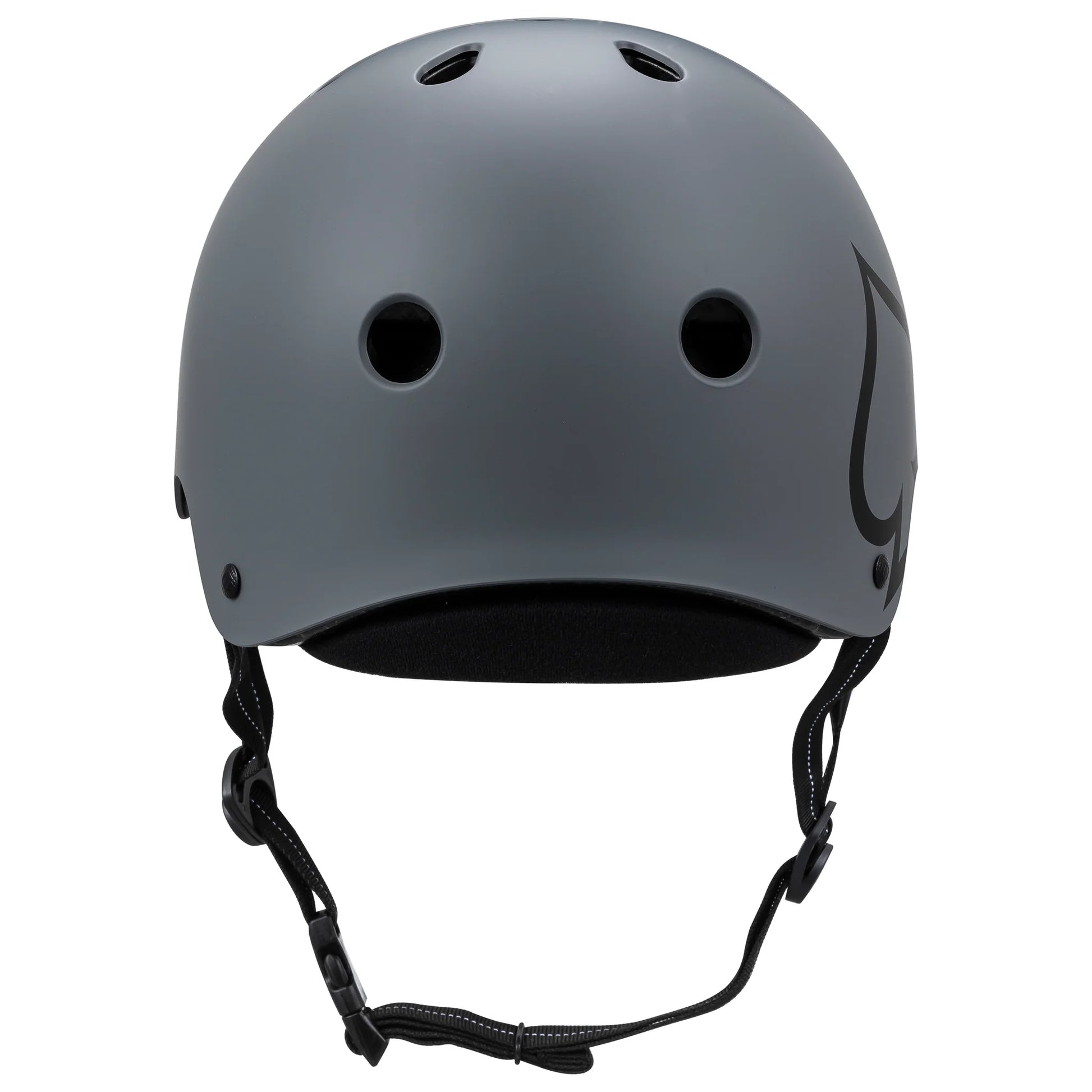 Gray helmet with black chin strap on a white background