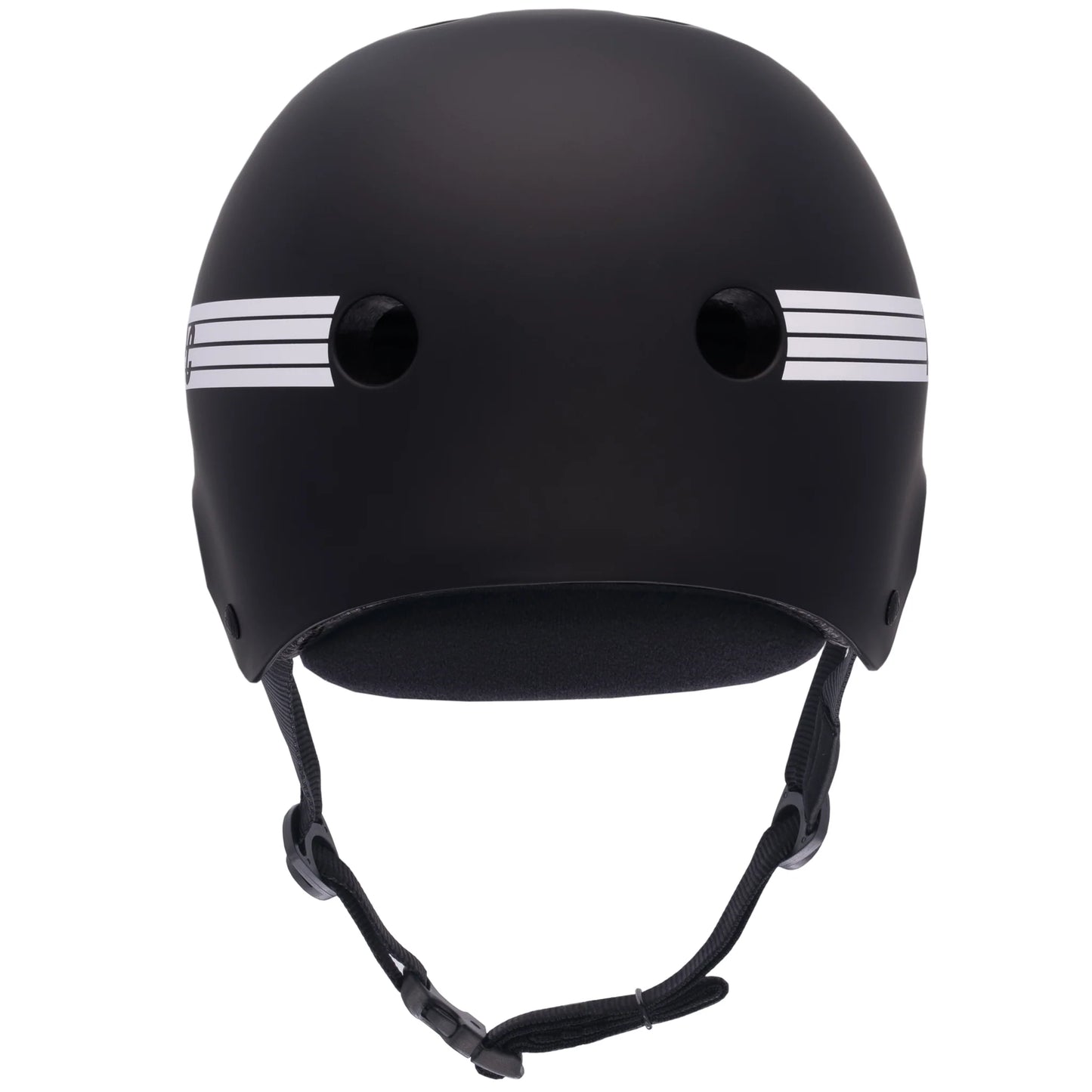 Black helmet with white stripes on a white background