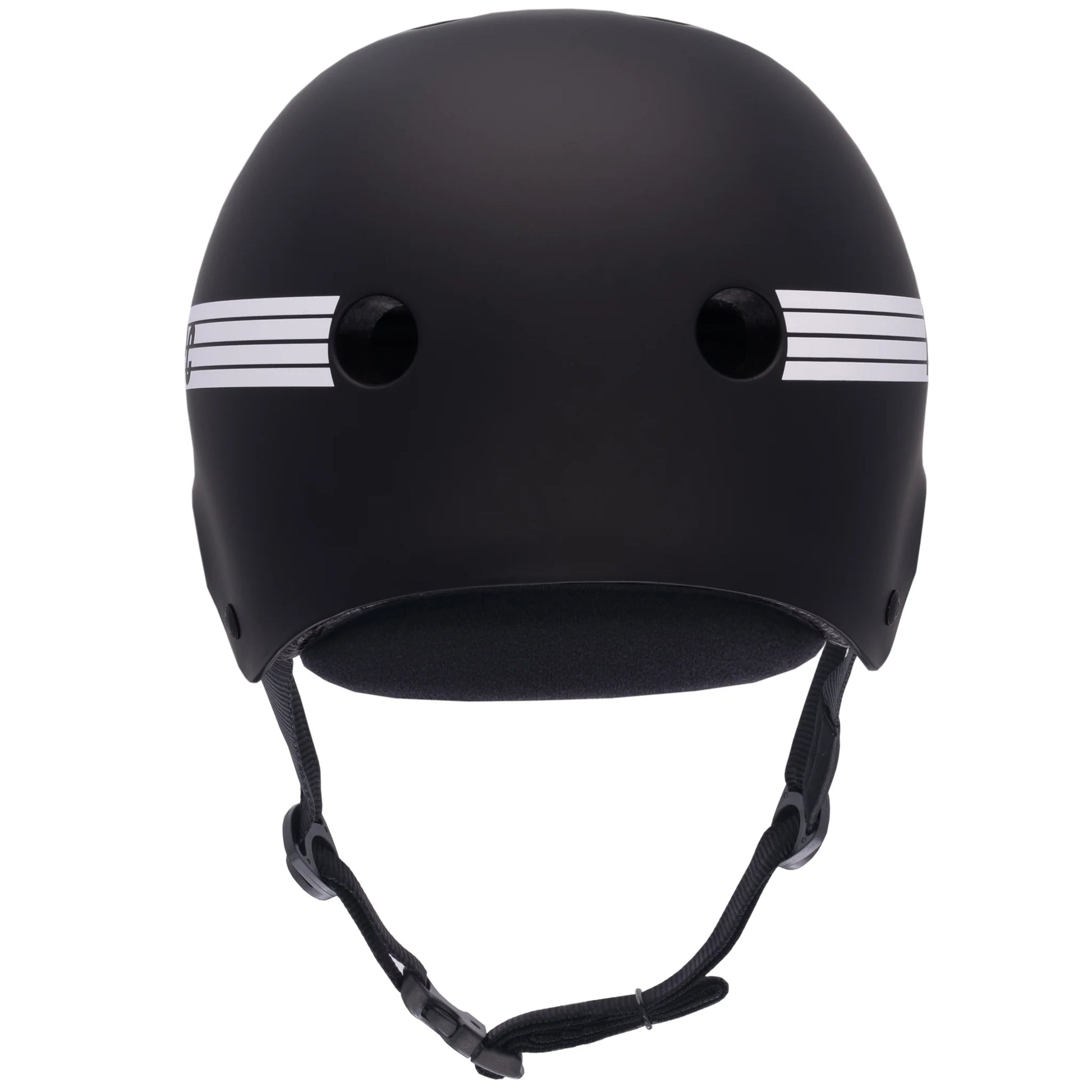 Black helmet with white stripes on a white background