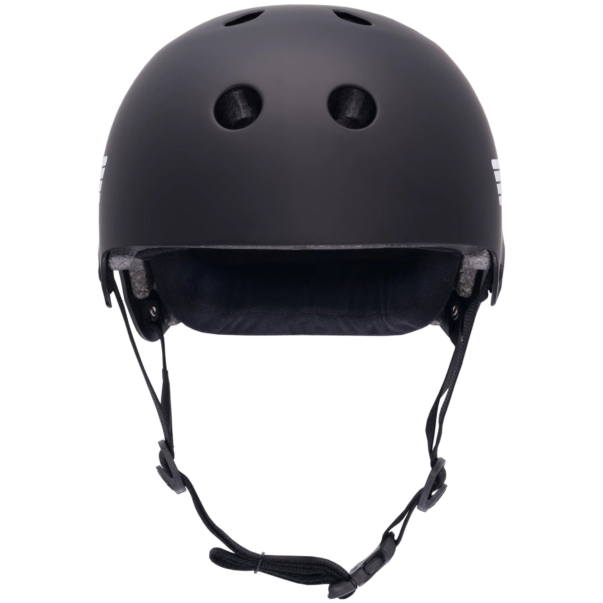 Black helmet with chin strap on a white background