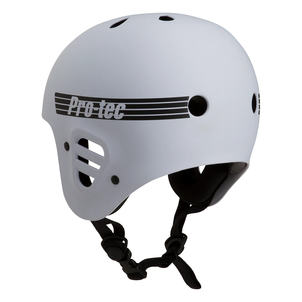 White helmet with black straps and 'Pro-tec' logo on a white background
