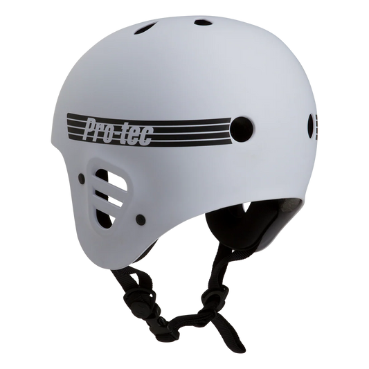 White helmet with black straps and 'Pro-tec' logo on a white background