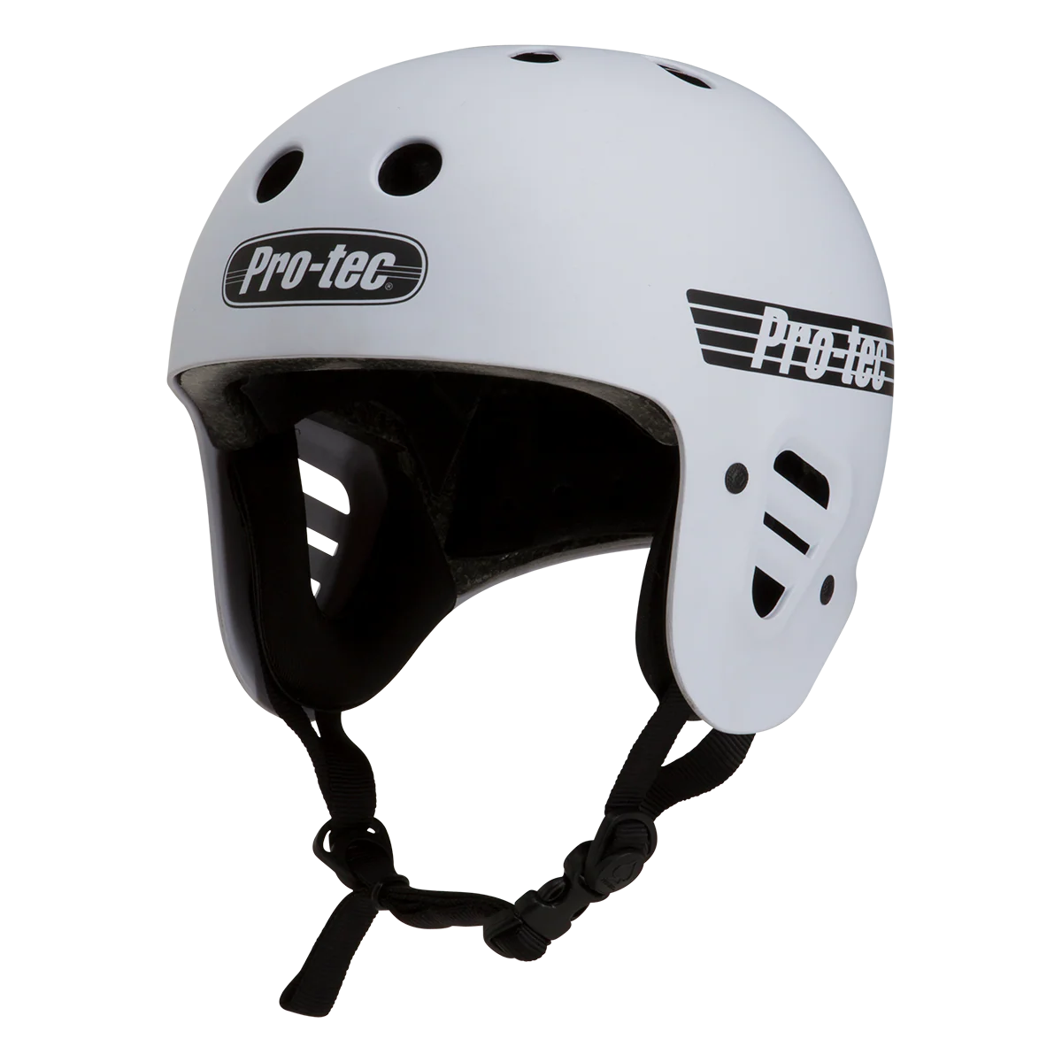 White helmet with black straps on a white background