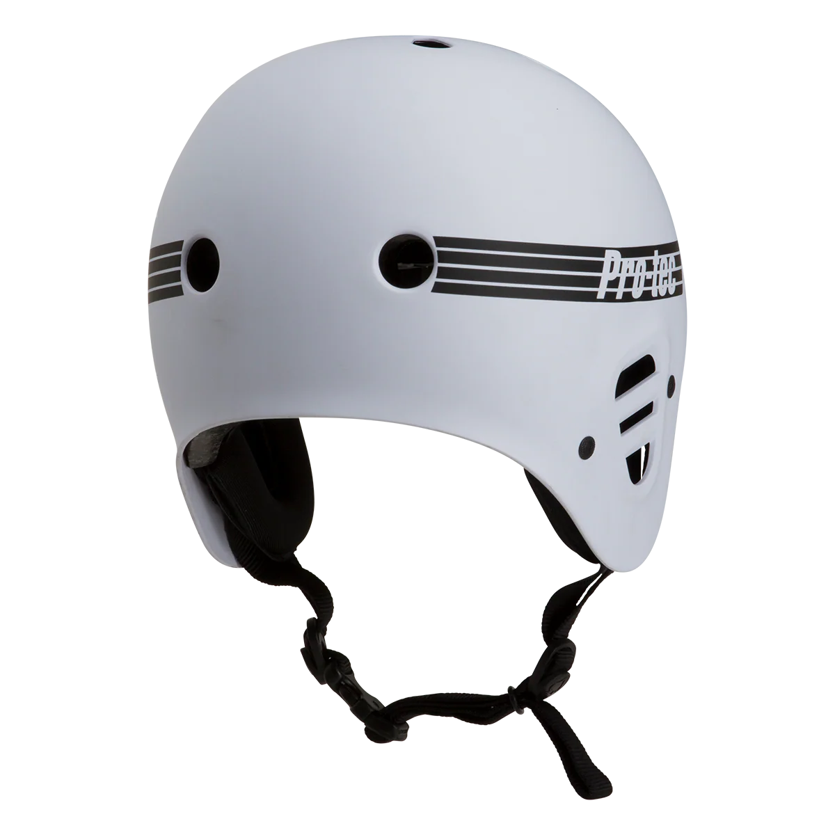 White helmet with black straps on a white background