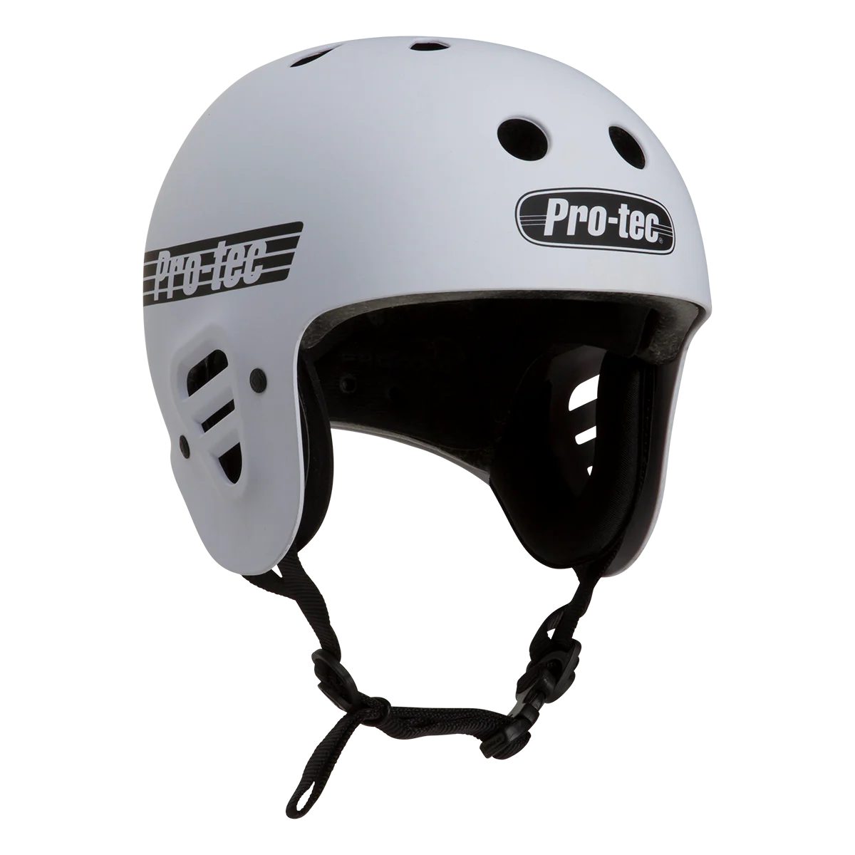 White helmet with black straps on a white background, featuring the Pro-tec brand.