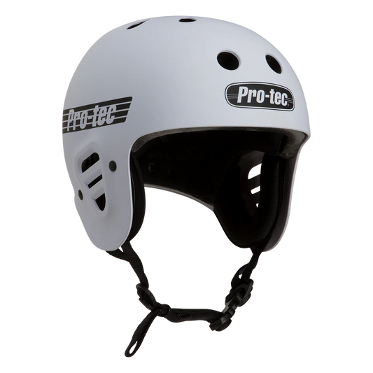 White helmet with black straps on a white background, featuring the Pro-tec brand.