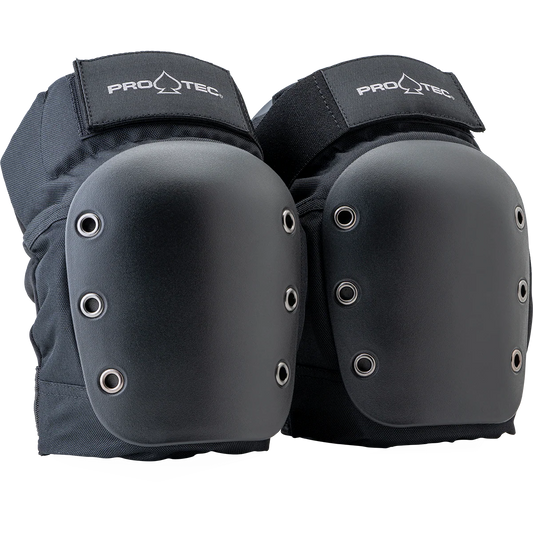 Pair of black knee pads with Pro-Tec branding on a white background