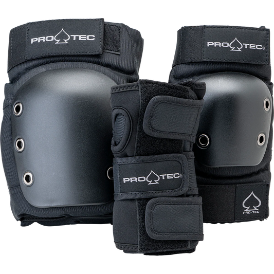 Pro-Tec knee pads and wrist guards on a white background