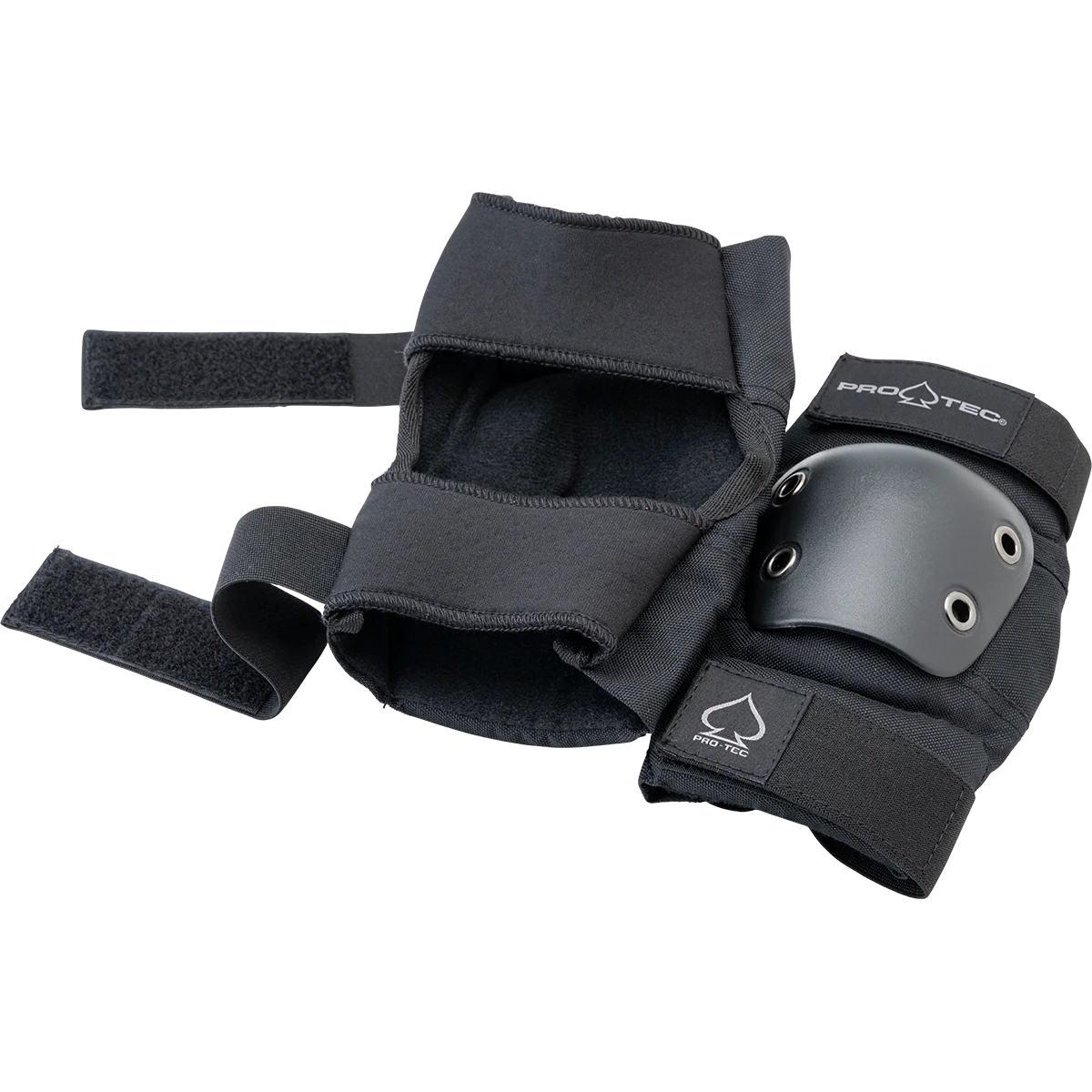 Black protective knee pad with straps on a white background