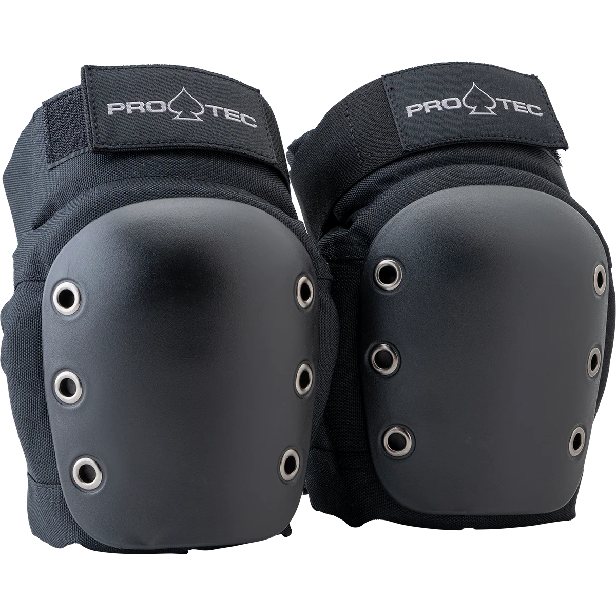 Pair of black Pro-Tec knee pads on a white background