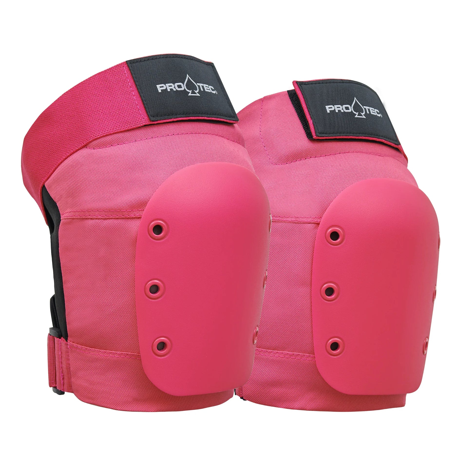 Pink knee pads with black straps on a white background