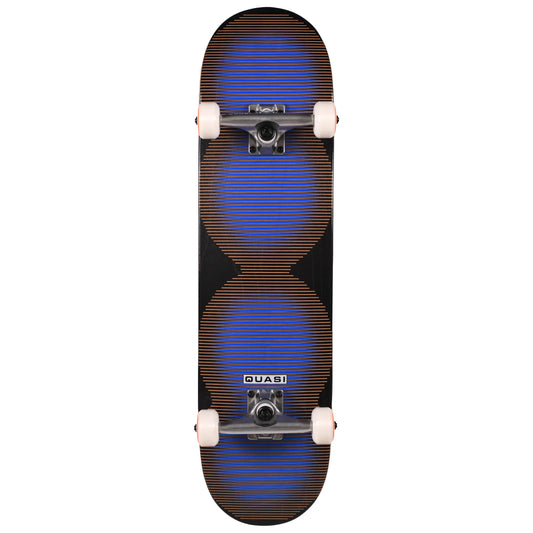 A Quasi skateboard with a black deck featuring two large blue and brown striped oval patterns, mounted on white wheels with silver trucks, shown against a plain white background.