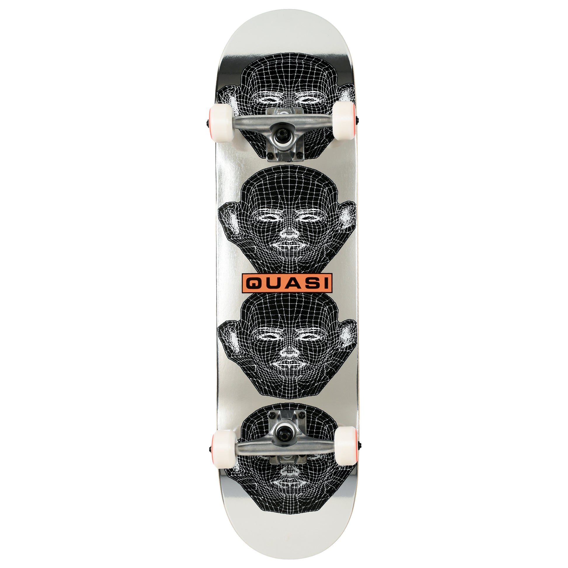 Skateboard with a geometric face design and 'Quasi' branding on a white background