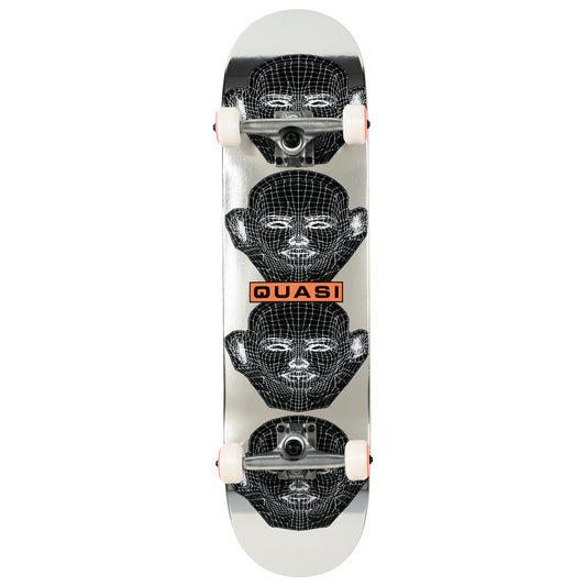 Skateboard with a geometric face design and 'Quasi' branding on a white background
