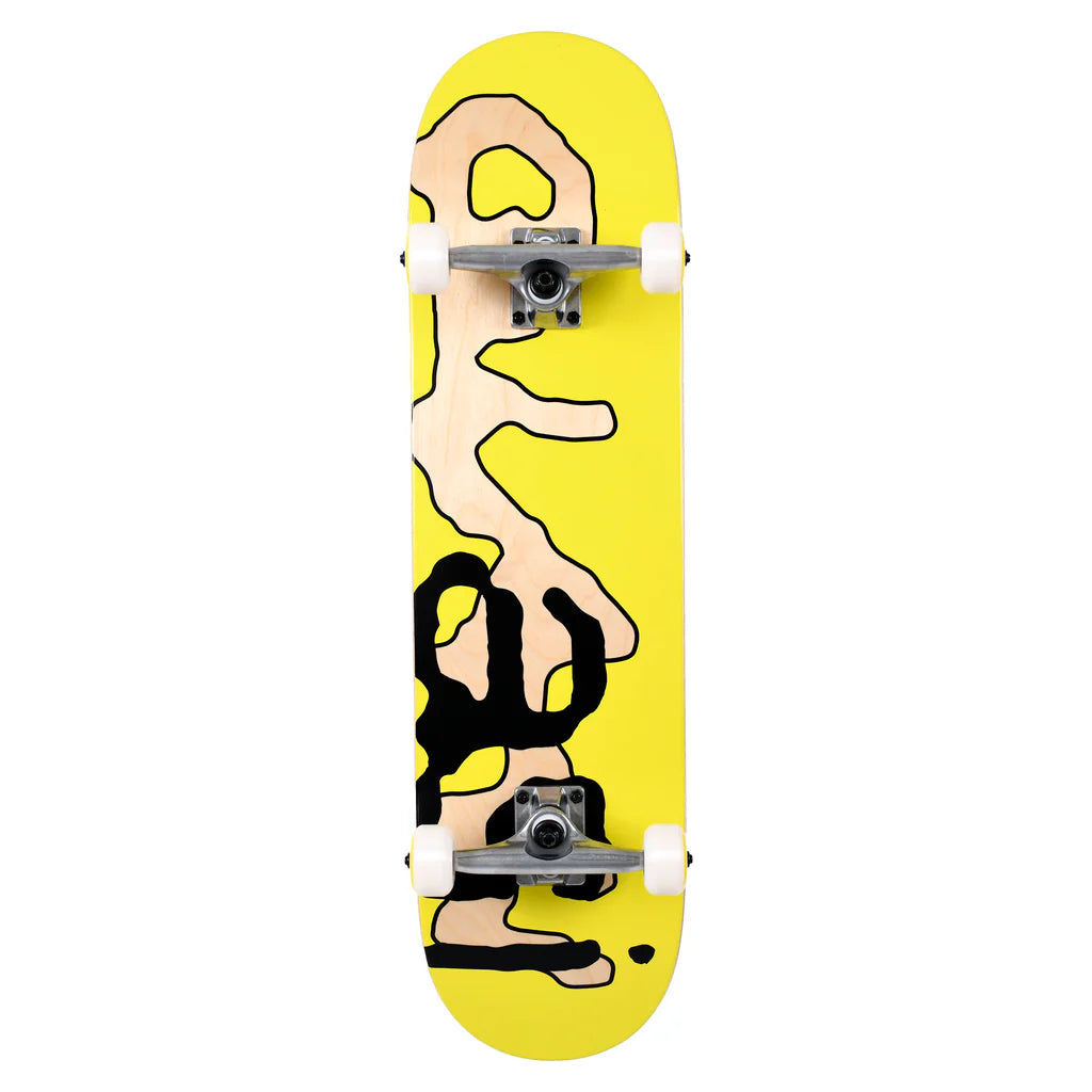Skateboard with a yellow deck featuring abstract black and beige design on a white background