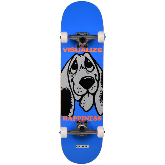 A blue Quasi skateboard featuring a graphic of a basset hound face with the words 'VISUALIZE HAPPINESS' in orange text, shown against a plain white background.