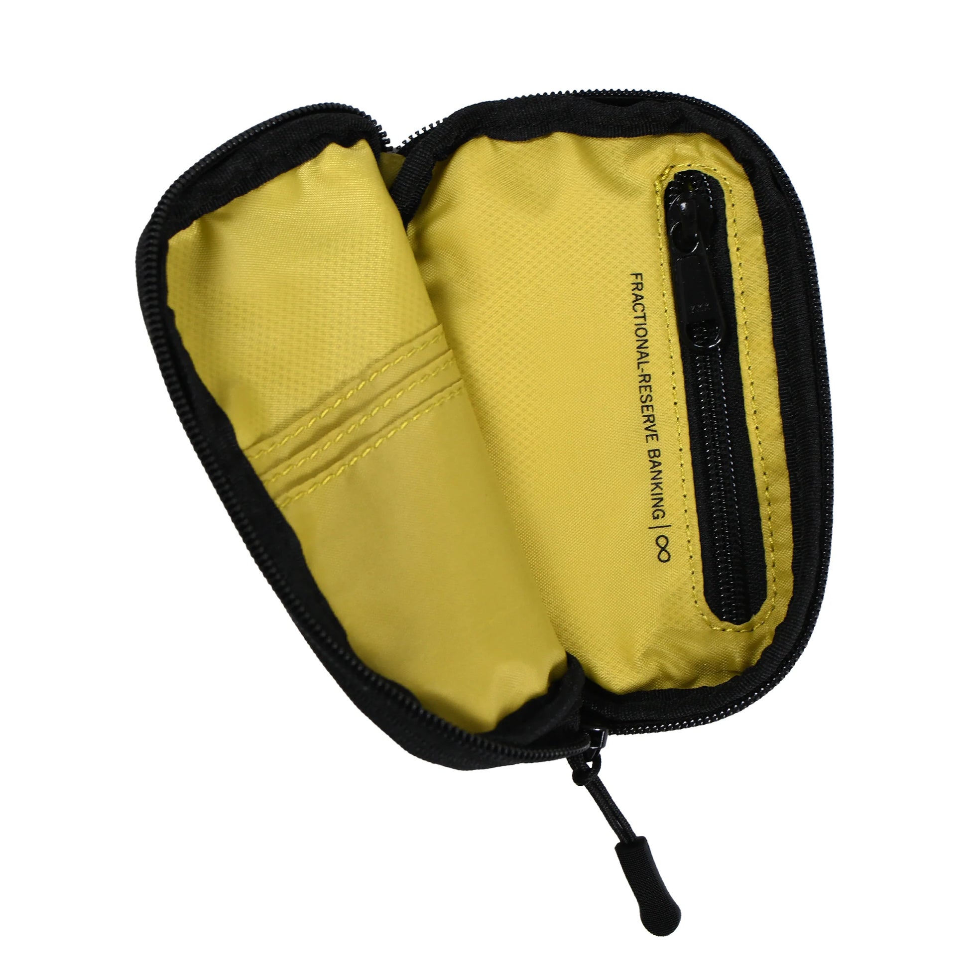 Yellow zippered pouch with black interior on a white background